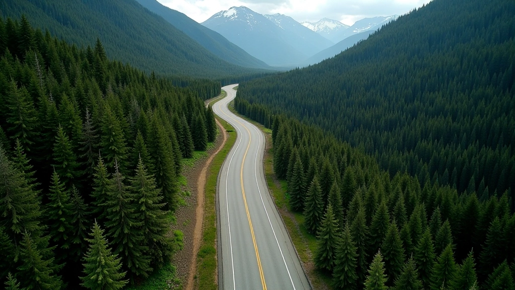 Winding mountain road cutting through dense pine forest, aerial perspective showing curves and landscape, clear daylight