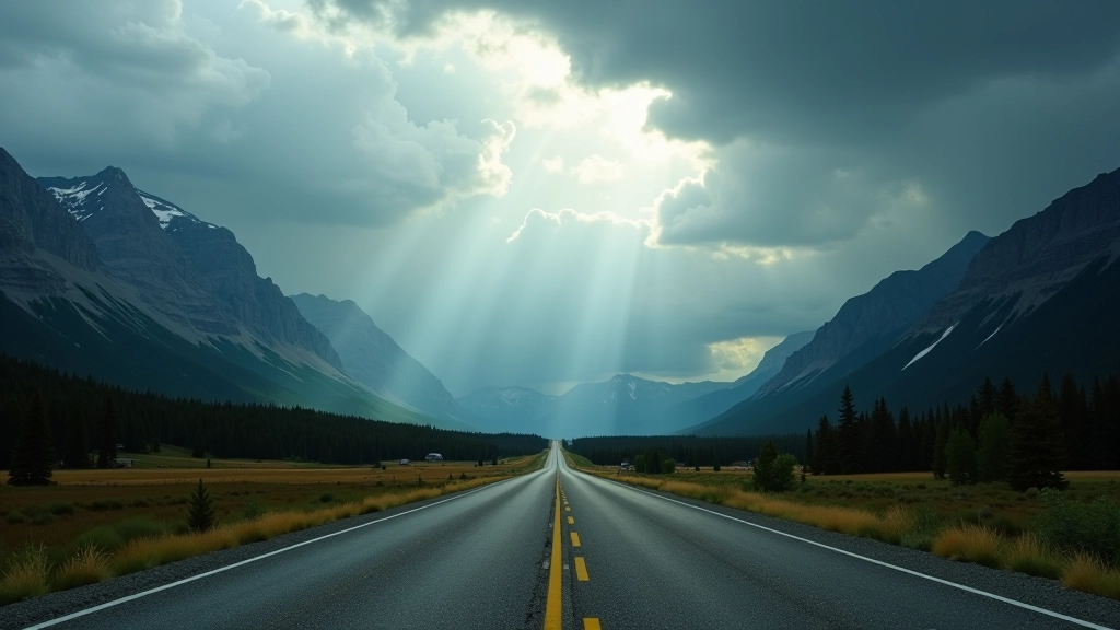 Mountain road in various weather conditions showing clear morning, afternoon clouds, and approaching storm with dark sky