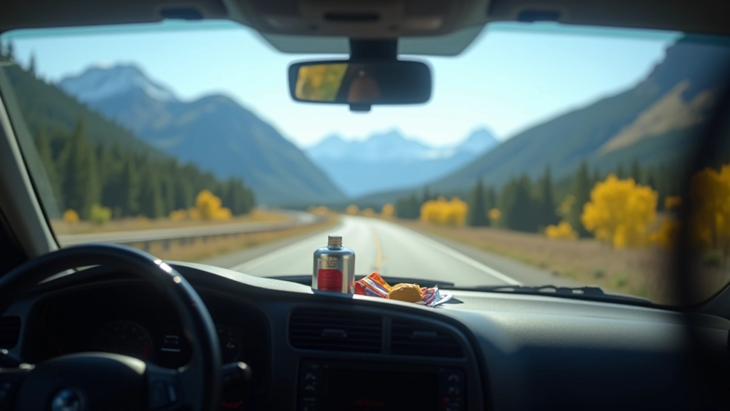 Well-maintained vehicle interior dashboard with water bottle and snacks visible, mountain scenery through windshield