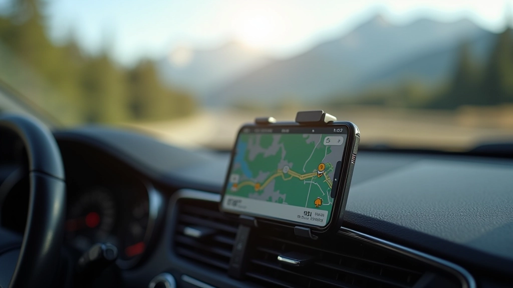 Mobile phone mounted on dashboard showing map application with mountain route highlighted and GPS navigation active