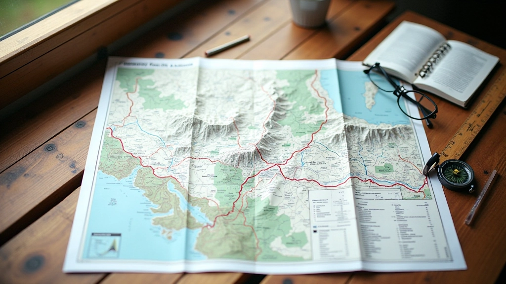 Detailed road map of Alberta mountain region with highlighted routes, compass rose, and distance markers on wooden table