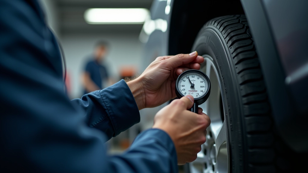 Mechanic checking vehicle tire tread depth with gauge tool and inspecting brake pads under vehicle lift