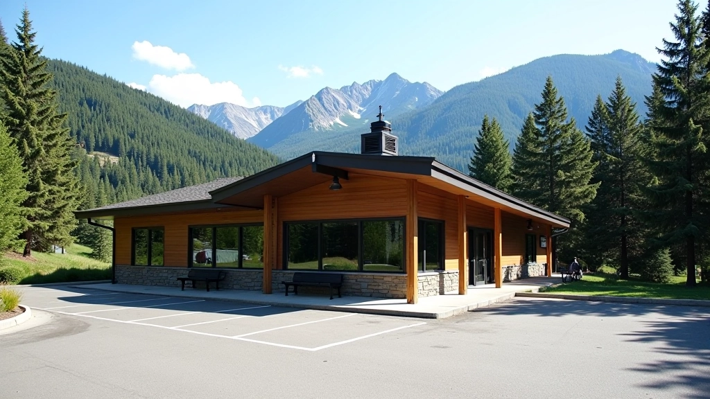 Modern rest stop facility with accessible parking spaces, building exterior with large windows, surrounding forest landscape and distant mountains
