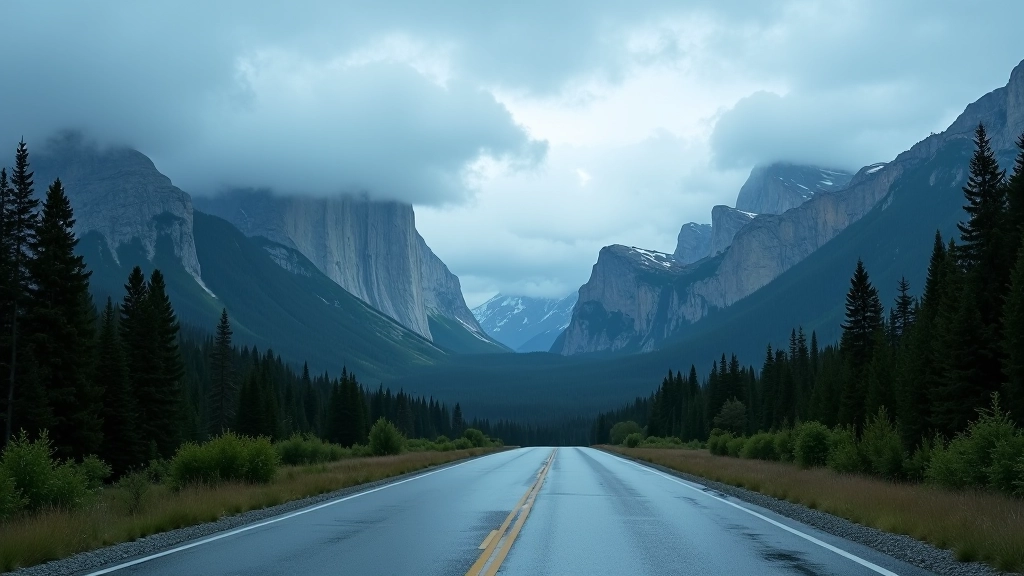 Mountain peaks partially shrouded in rain clouds and mist, wet road surface, dramatic weather conditions, alpine landscape