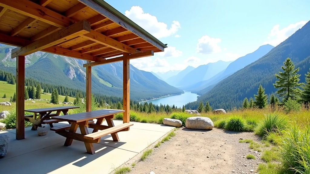 Mountain highway rest area with picnic tables, shade structure, and clear sightlines to surrounding valley landscape, sunny afternoon lighting