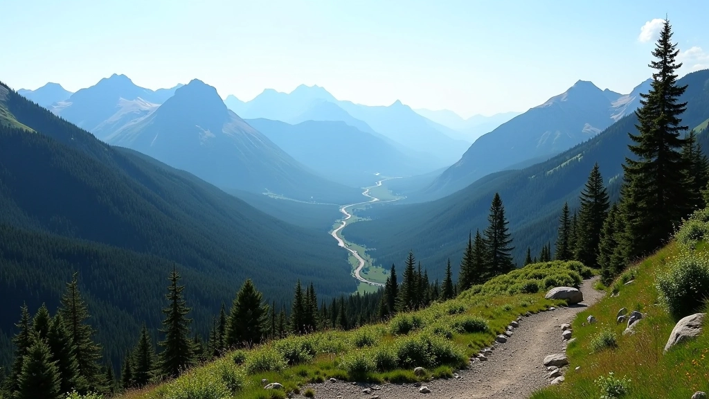 Mountain valley scenic overlook with hiking trail, vast landscape view, evergreen forest and distant peaks, clear weather, daytime