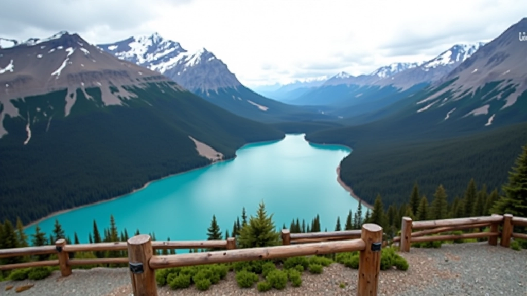 Scenic viewpoint with weathered wooden railing overlooking turquoise glacial lake and mountain valley, overcast sky with cloud coverage