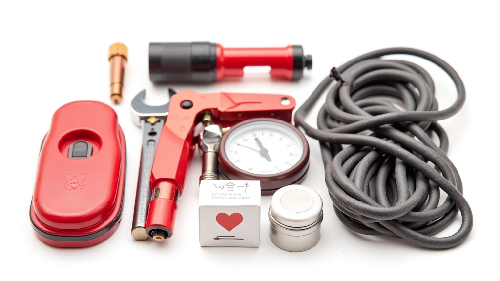 Vehicle emergency kit laid out showing jumper cables, wrench set, flashlight, first aid box, and blanket organized in compartments