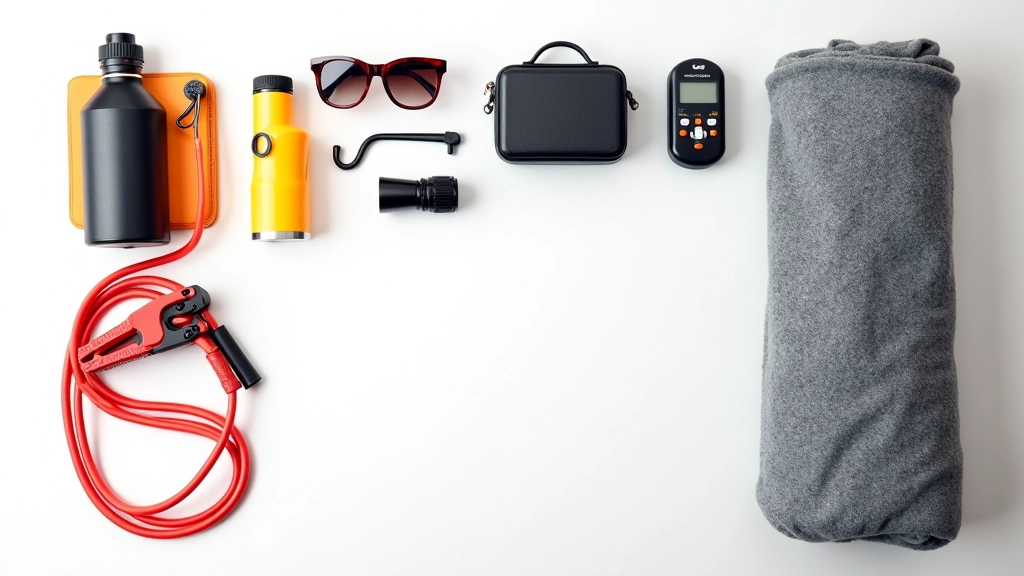 Organized packing layout showing vehicle maintenance tools, first aid kit, water bottles, and cold weather gear arranged neatly on white background