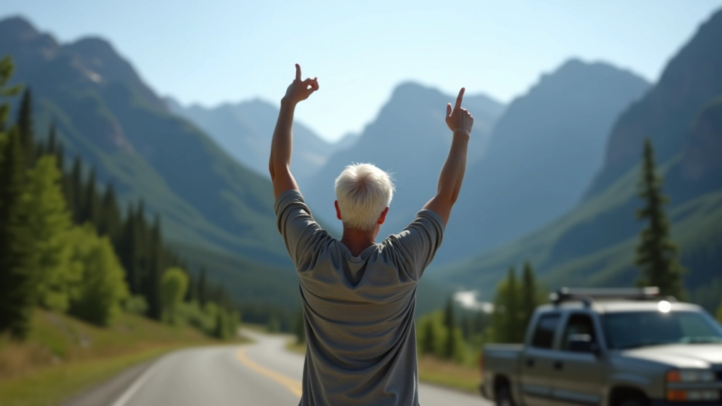 Person stretching beside parked car at rest stop, arms overhead, mountains visible in background, clear daylight, full body visible