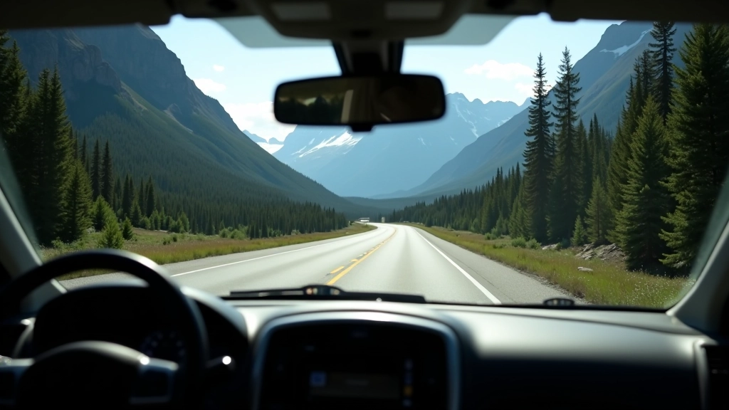 Interior of a vehicle dashboard during daytime mountain drive, windshield showing winding road and evergreen forest landscape ahead