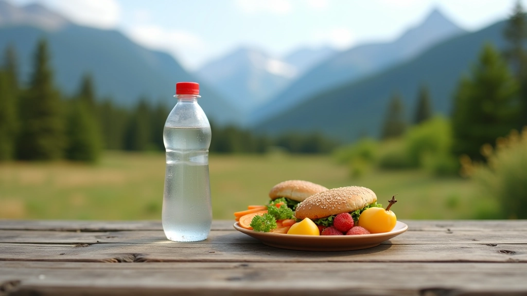 Picnic table at rest stop with water bottle, snacks, and sandwich laid out, mountain views in distance, natural daylight, food items in focus