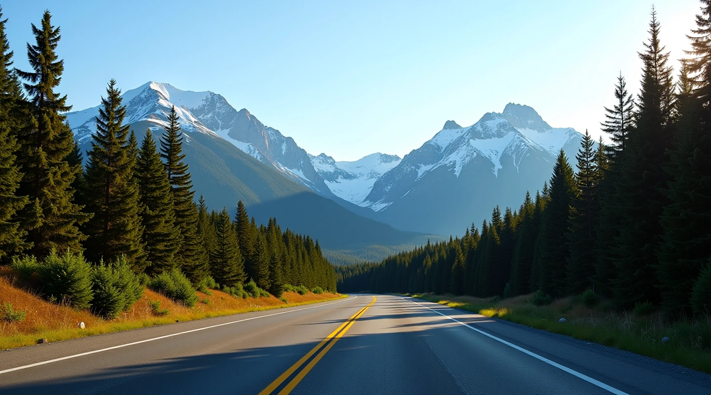 Mountain highway winding through evergreen forest with clear blue sky and snow-capped peaks visible in distance