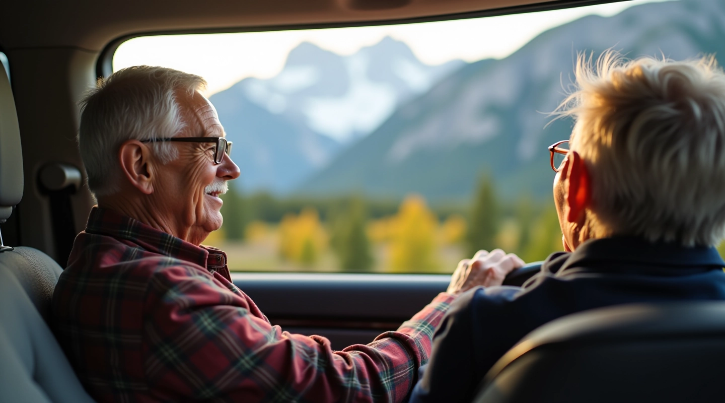 Senior couple driving through mountain pass with scenic valley views, bright daylight, natural landscape