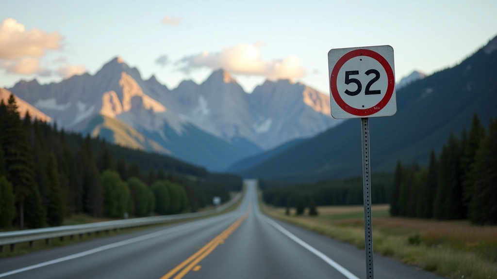 Speed limit sign on mountain highway with scenic rocky peaks and evergreen forest in background, clear sky, afternoon light
