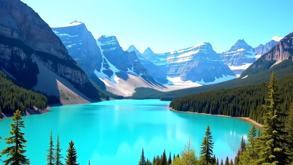 Turquoise glacial lake surrounded by towering mountain peaks with evergreen forests in foreground and snow-capped ridges in distance