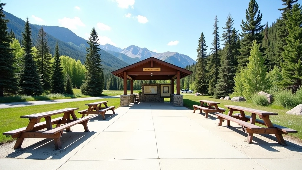Detailed view of rest stop area with multiple stretching stations, benches, information kiosk, landscaped grounds, natural lighting from above